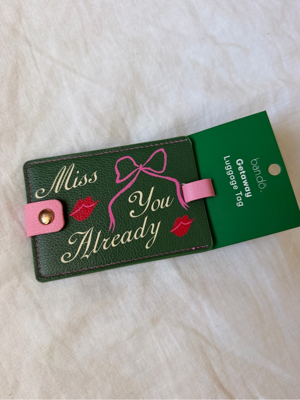 ban.do Green Luggage Tag with Pink Strap. NWT “Miss you Already” cute gift